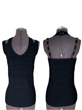 Cache Y2K Black Horizontal Bandage Knit  Gold Chain Straps Bodycon Halter Top S